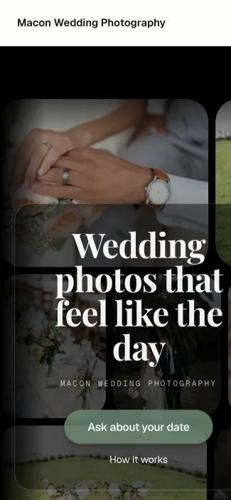 Mobile screenshot of the Macon Wedding Photography storefront hero section